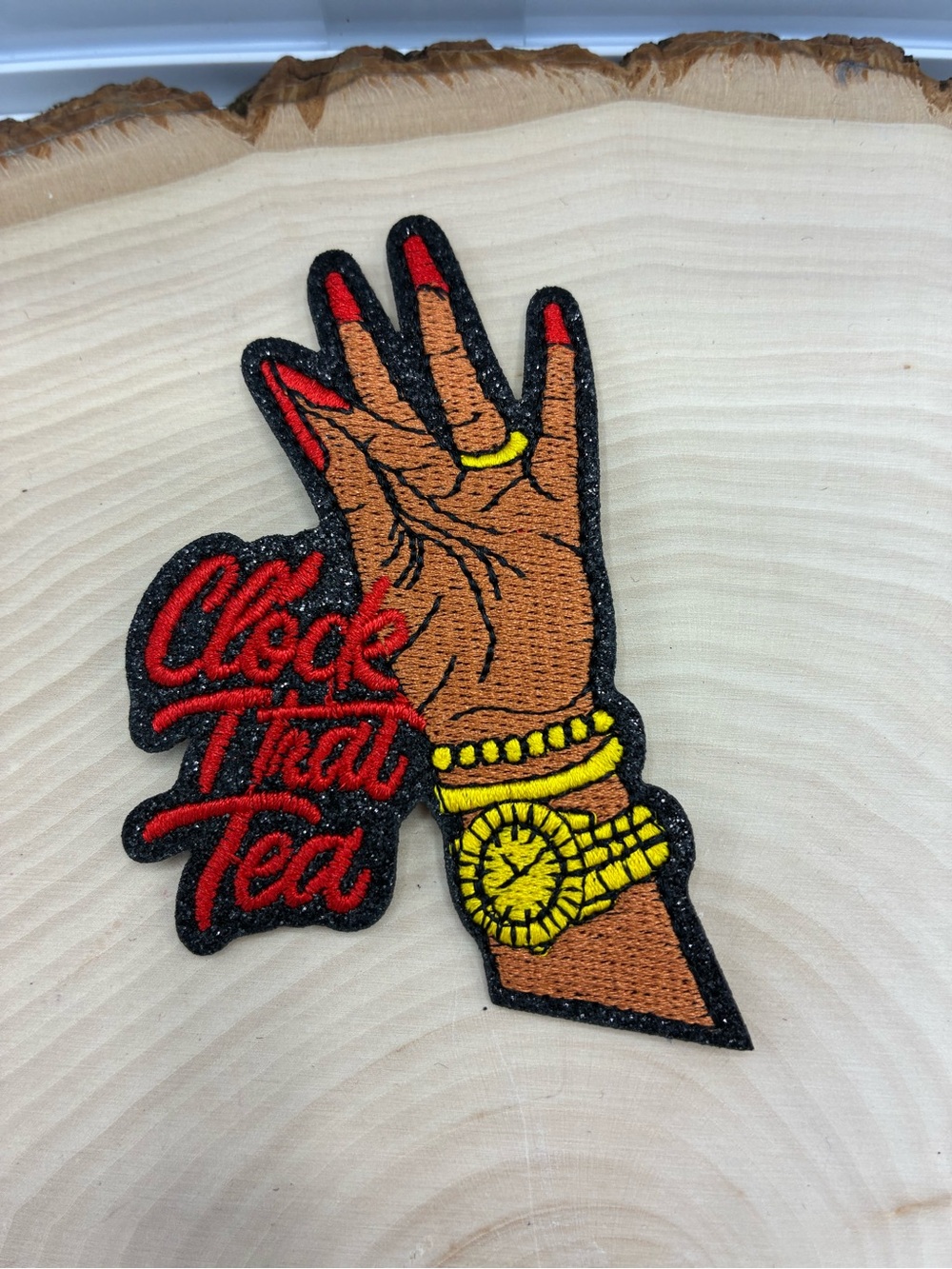 Clock That Tea Embroidered Hand Patch - Brown, Red & Yellow